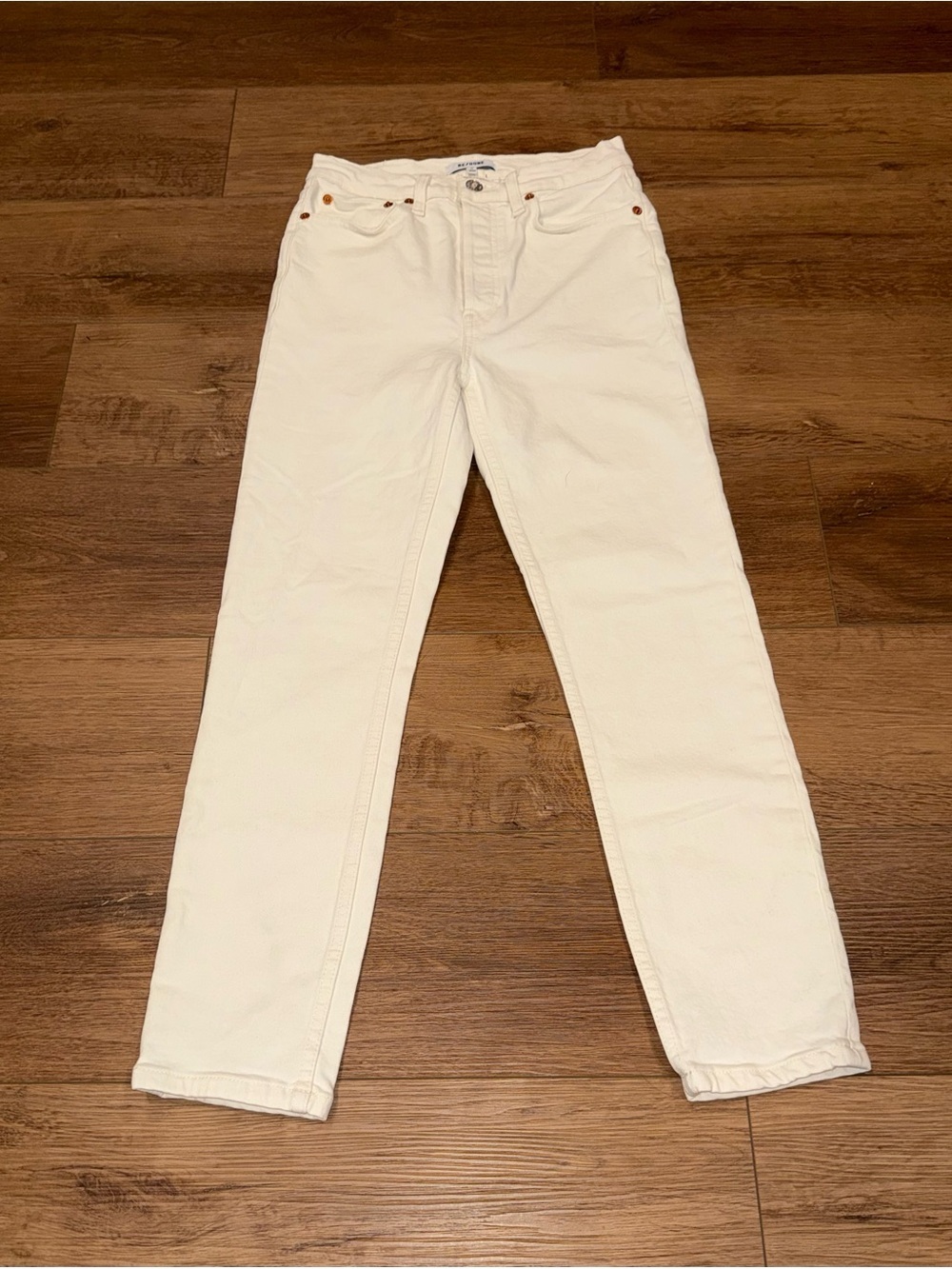 Re/done Cream Straight Leg High Rise Denim Jeans 27 Button Fly Summer Everyday